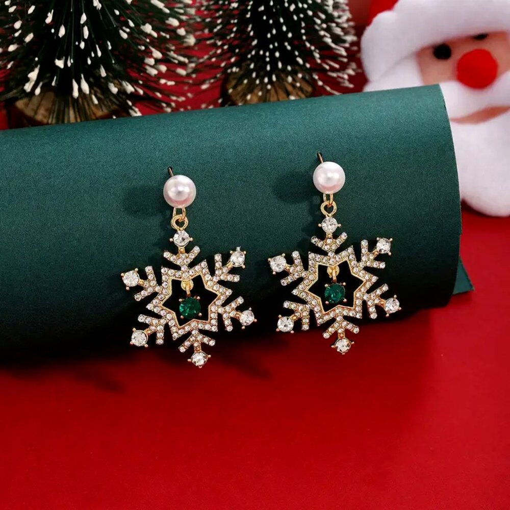 Sparkly Rhinestones and Pearl 14K Gold Plated Dangling • Snowflake Earrings